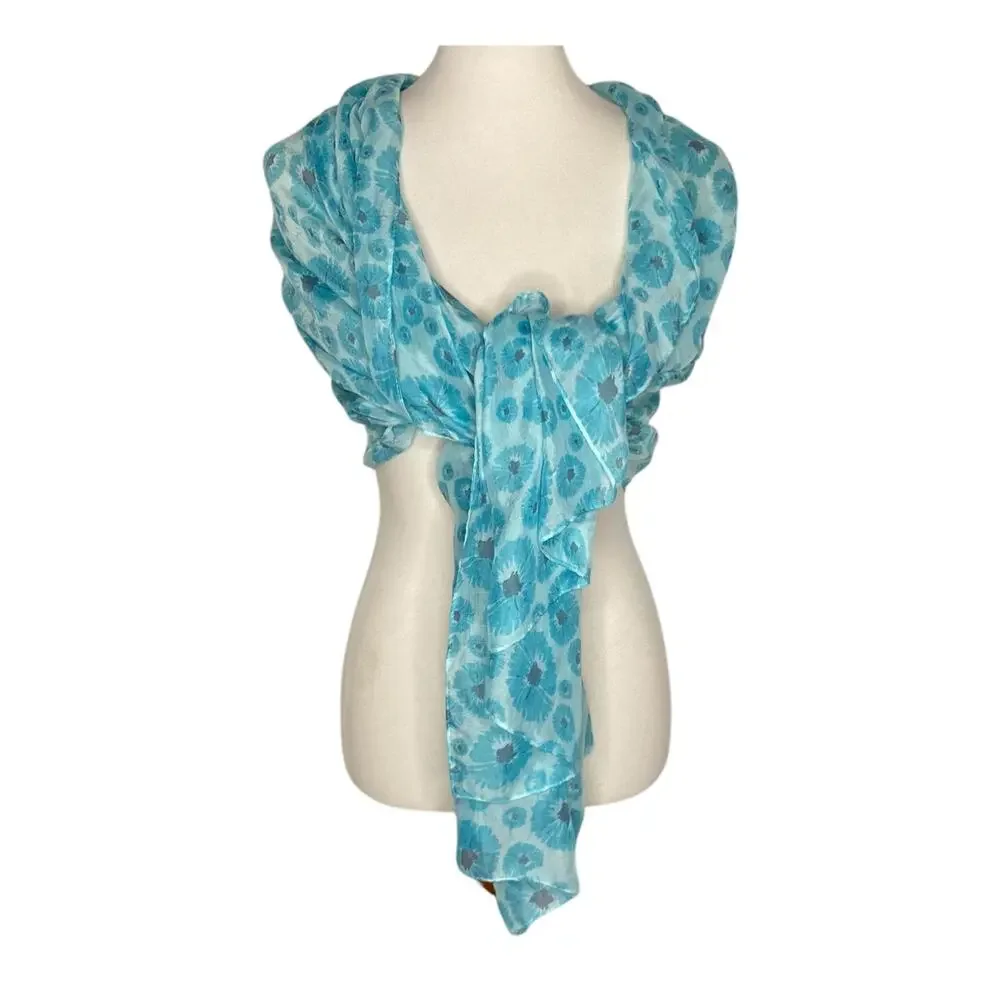 Life Is Good Scarf Sheer Floral Sky Blue Turquoise Lightweight One Size Boho